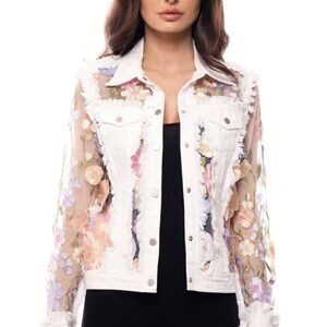 Adore White Denim Jacket with Pastel Floral Embroidered Sheer Sleeves